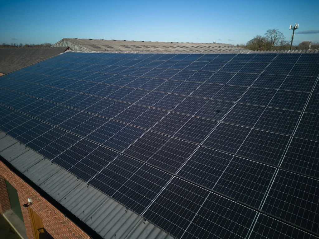 Large array of commercial solar panels installed on the roof of a farm building, under a clear sky.